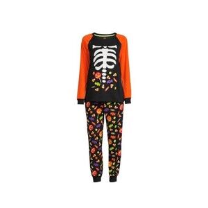 Halloween Pajamas Women's XL Black Orange Halloween Pajama Set XL Skeleton B3
